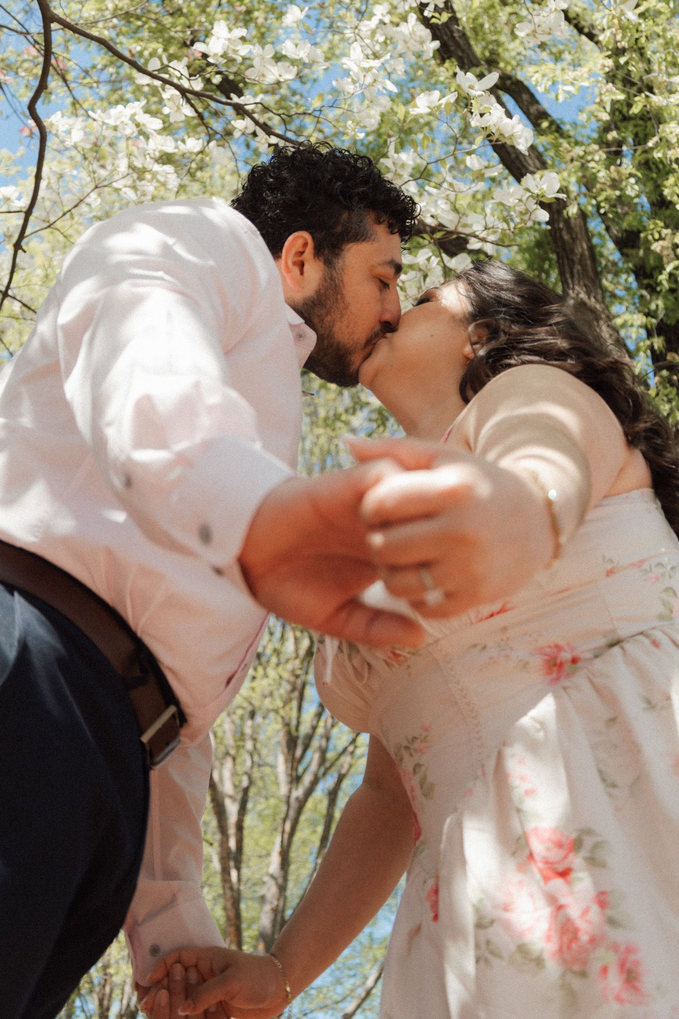 Couple kissing under blooming white cherry blossom trees, holding hands, wearing floral dress and white shirt.