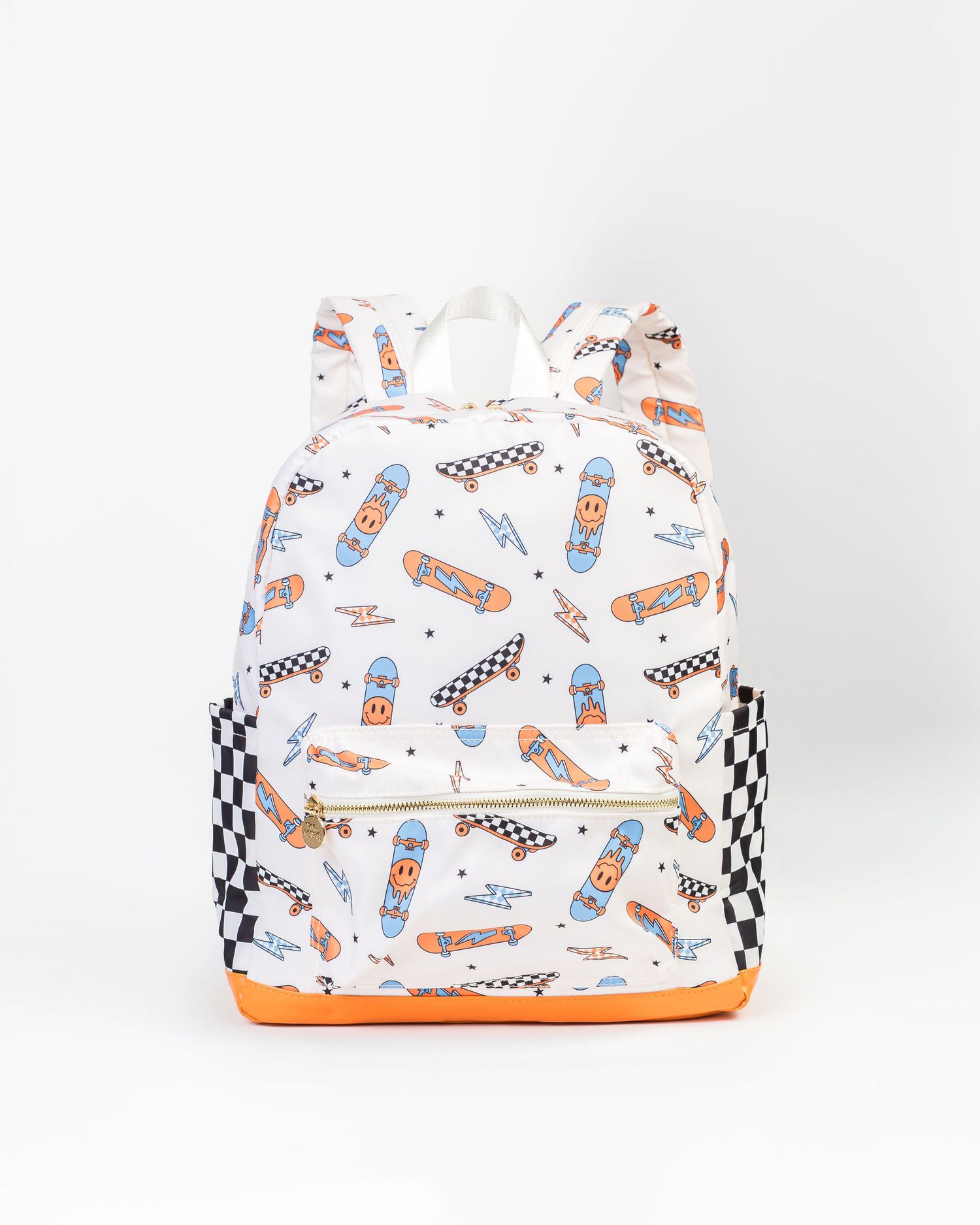 Fun skateboard-themed backpack with orange trim and checkered pattern on white background.
