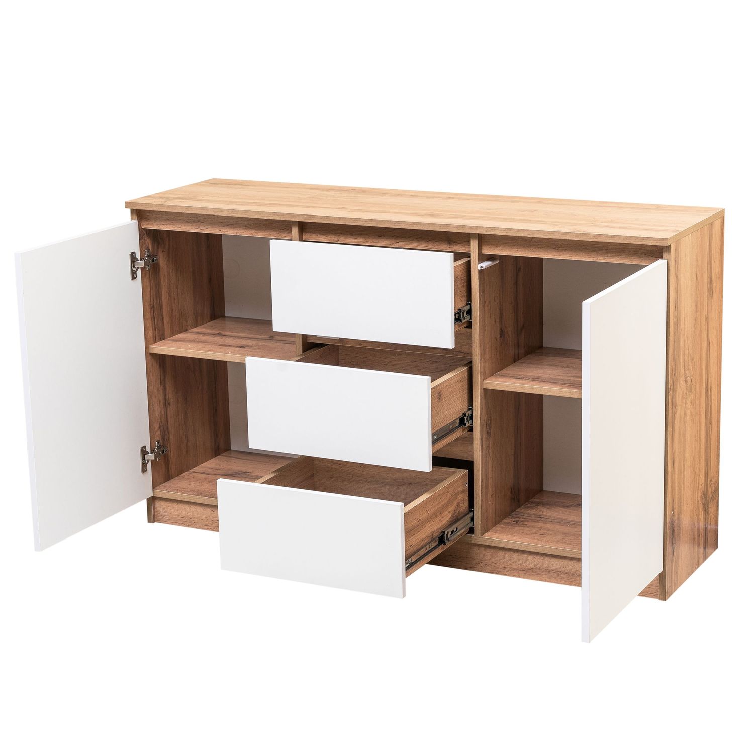 Modular entertainment center with white drawers and natural wood finish showing various configurations.