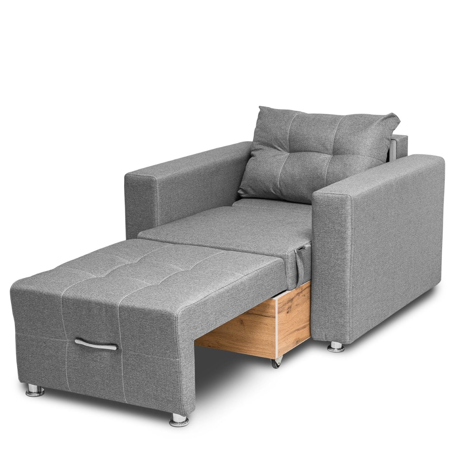 Grey convertible armchair that transforms into a sleeper with hidden storage compartment.
