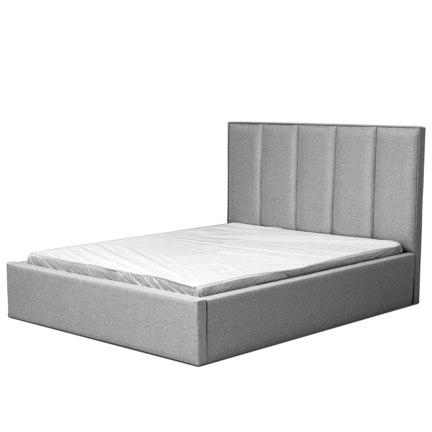 Modern grey platform bed frame viewed from different perspectives.