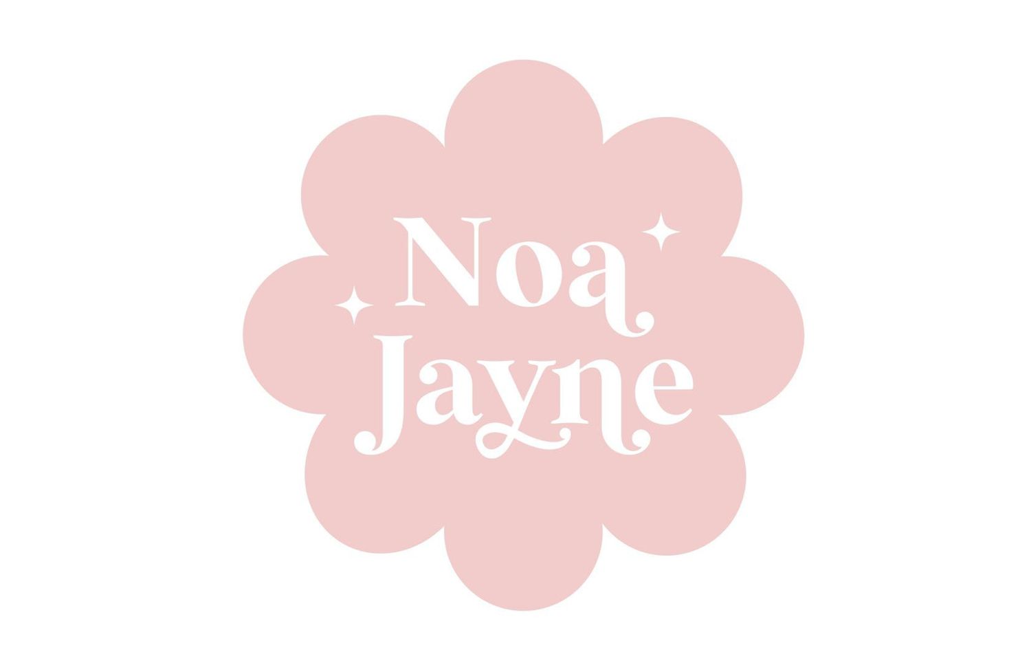 Pink floral logo design with 'Noa Jayne' text and sparkle elements.