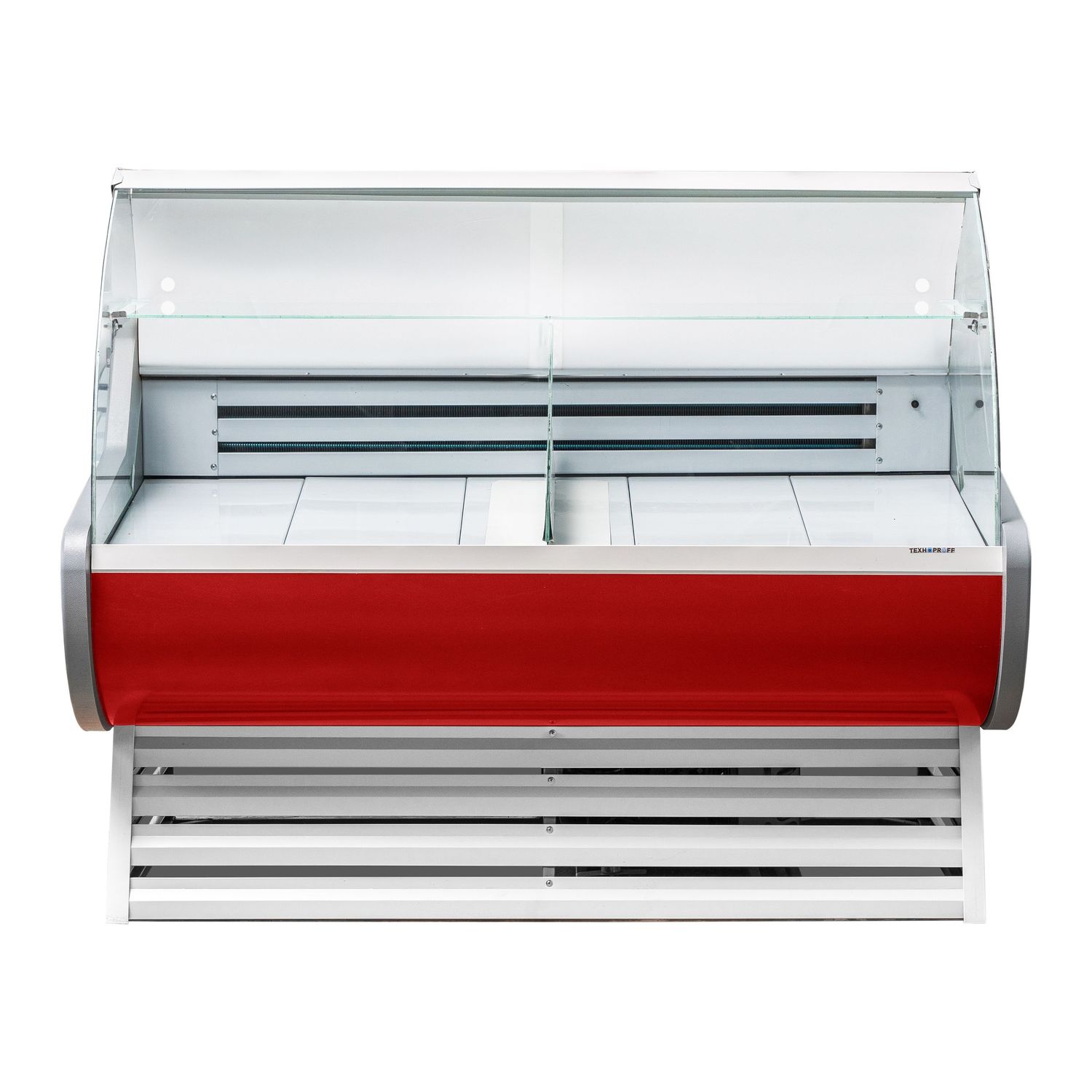 Commercial refrigerated display case with curved glass and red base panel.
