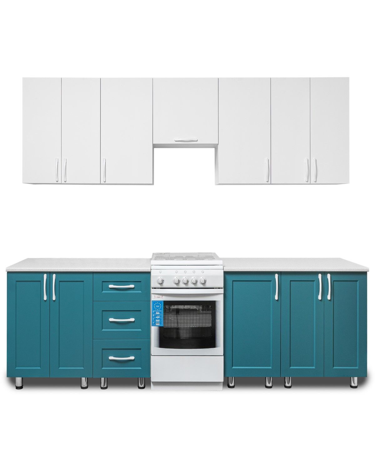 Modern kitchen cabinet set with white upper cabinets and teal lower cabinets featuring a white stove and countertop.