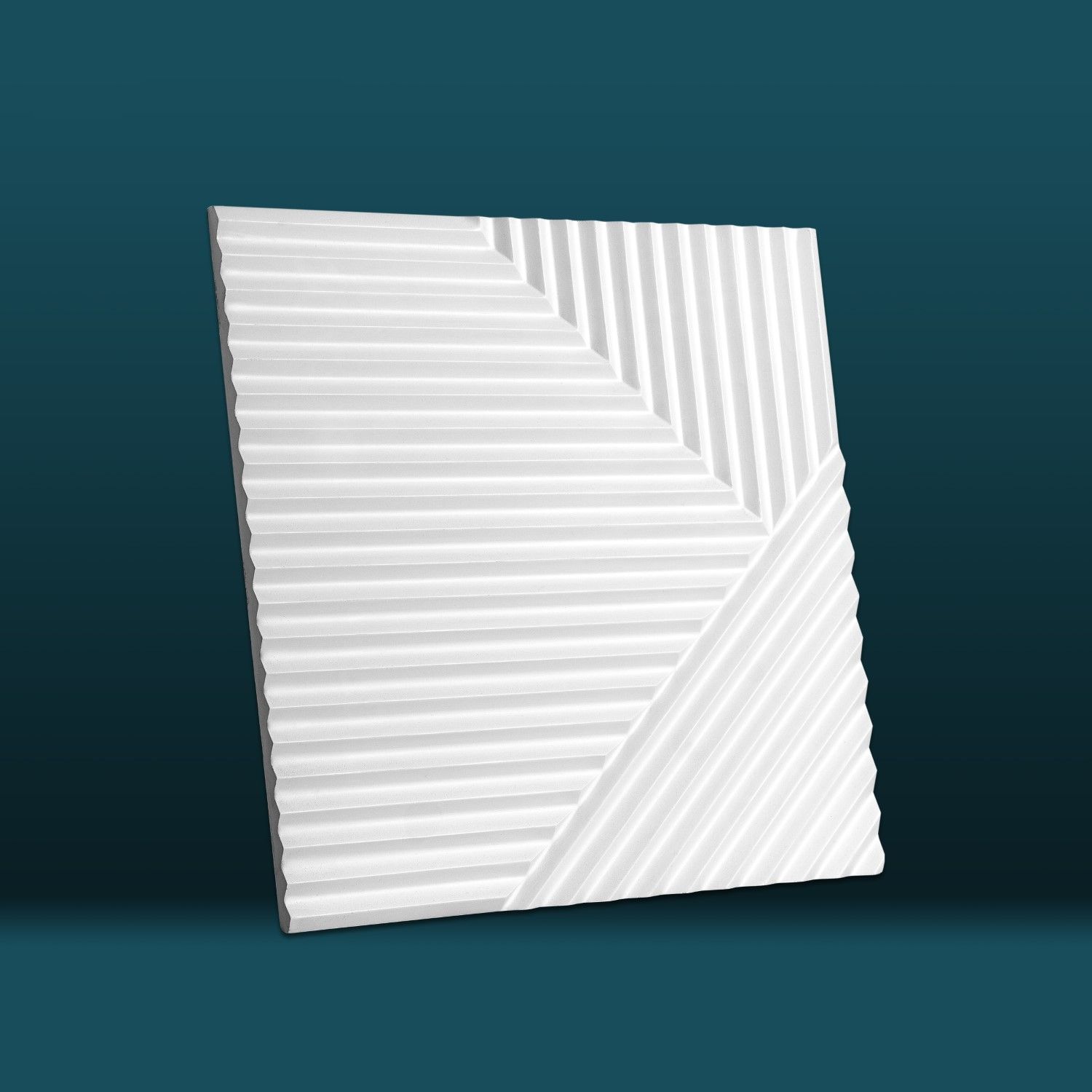 White geometric wall panel with diagonal and horizontal ridged patterns on dark background.