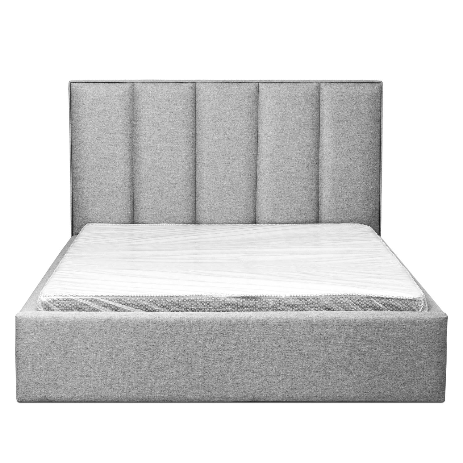 Grey upholstered platform bed headboard shown from multiple angles.