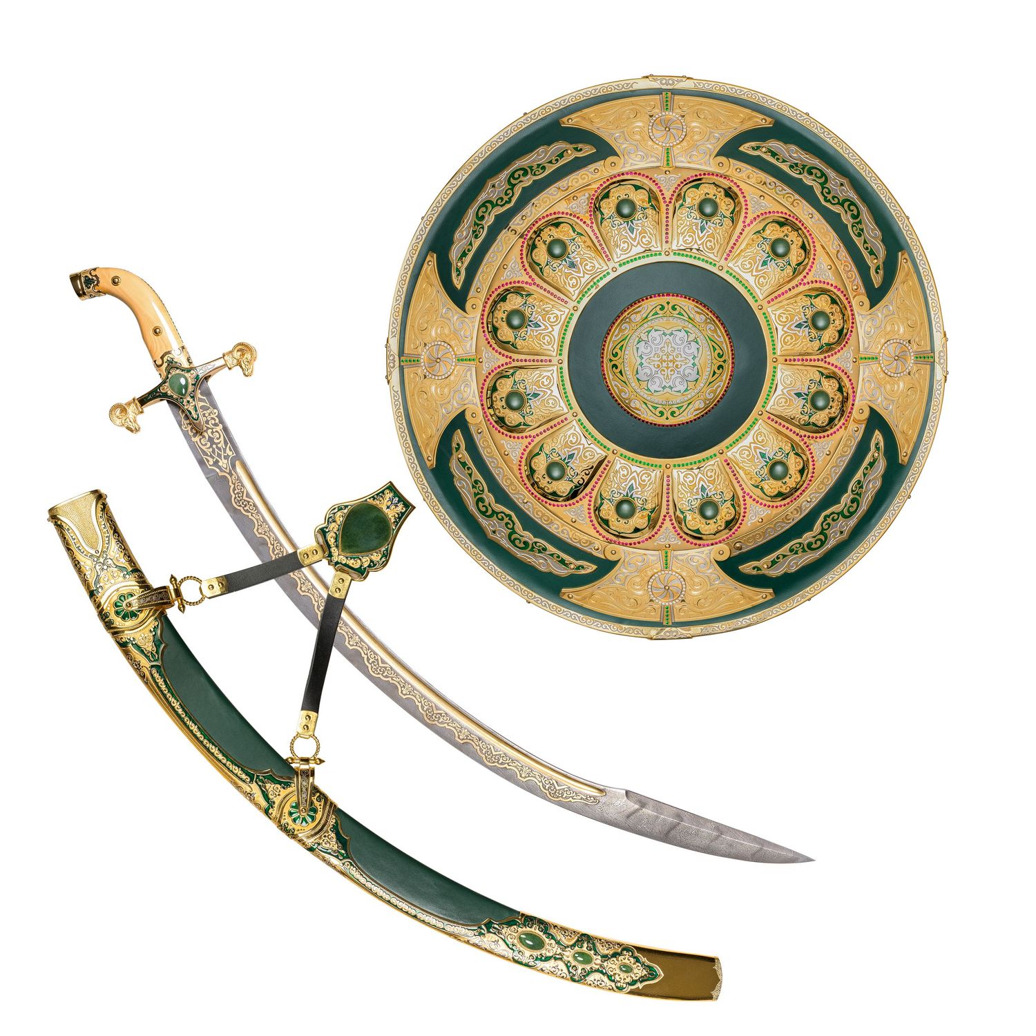 Ornate decorative shield and curved sword with green and gold embellishments.