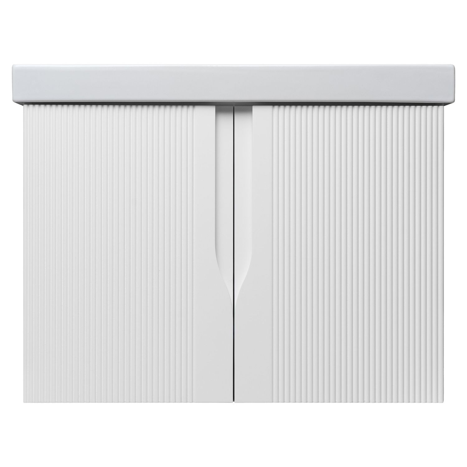 Minimalist white cabinet doors with vertical ribbed texture pattern.