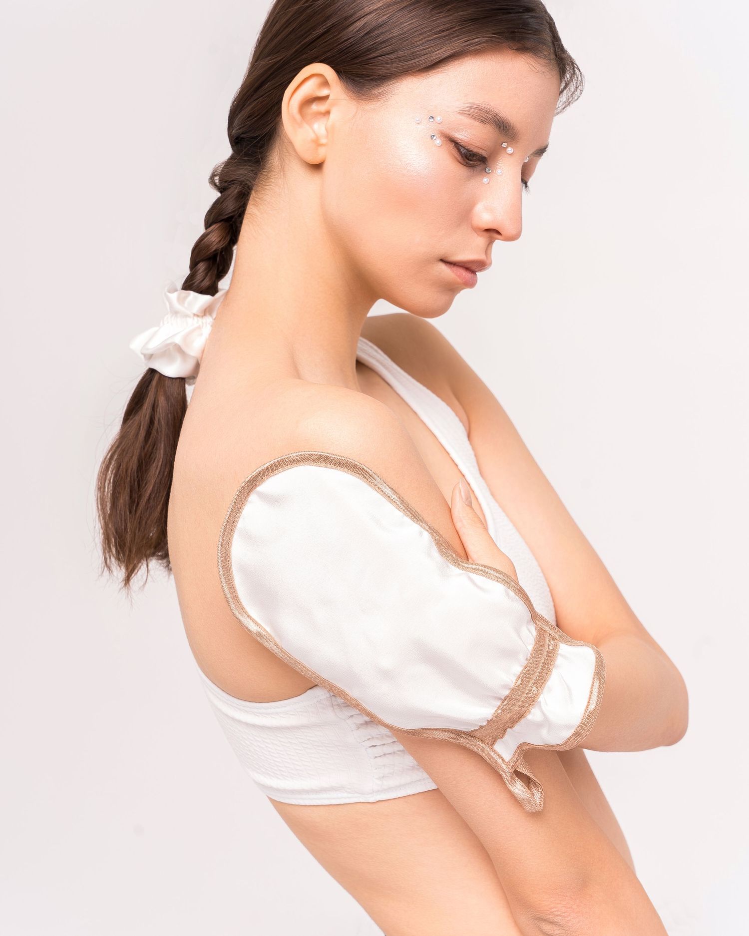 Side profile shots showing skincare or beauty treatment application.