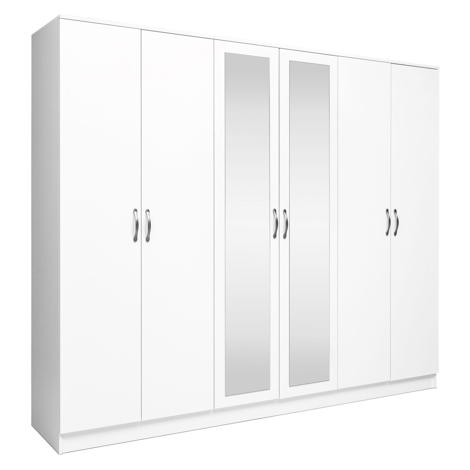Large white wardrobe with six doors including two mirrored panels in the center.