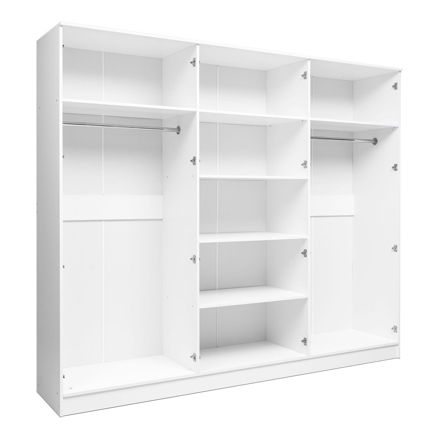 White built-in wardrobe interior with hanging rods and multiple shelving compartments.