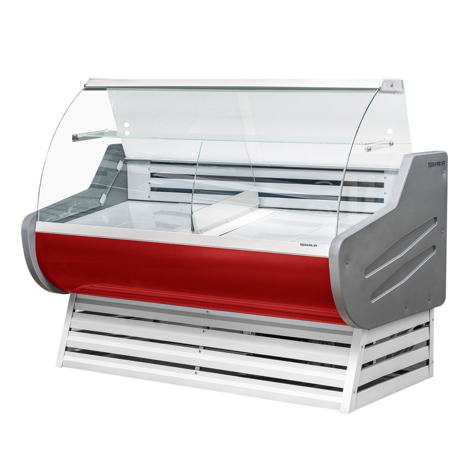 Red and white commercial refrigerated display counter with curved glass front.