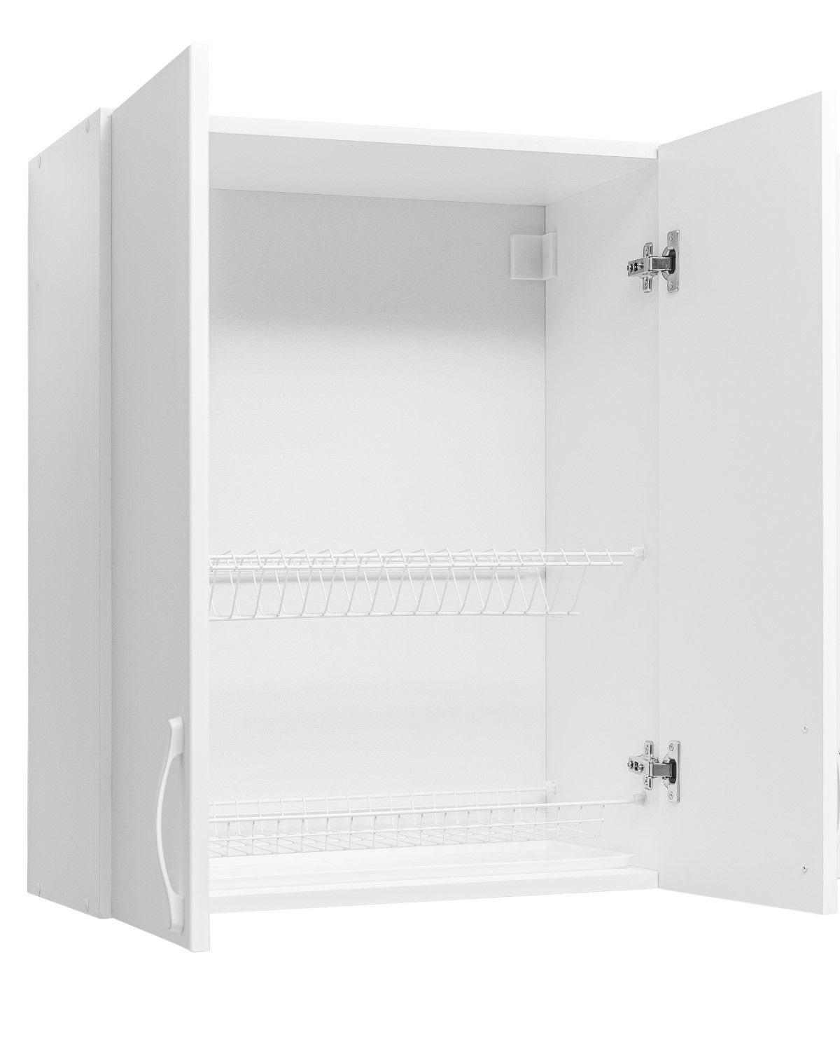 White wall-mounted kitchen cabinet with open doors showing interior shelving and storage space.