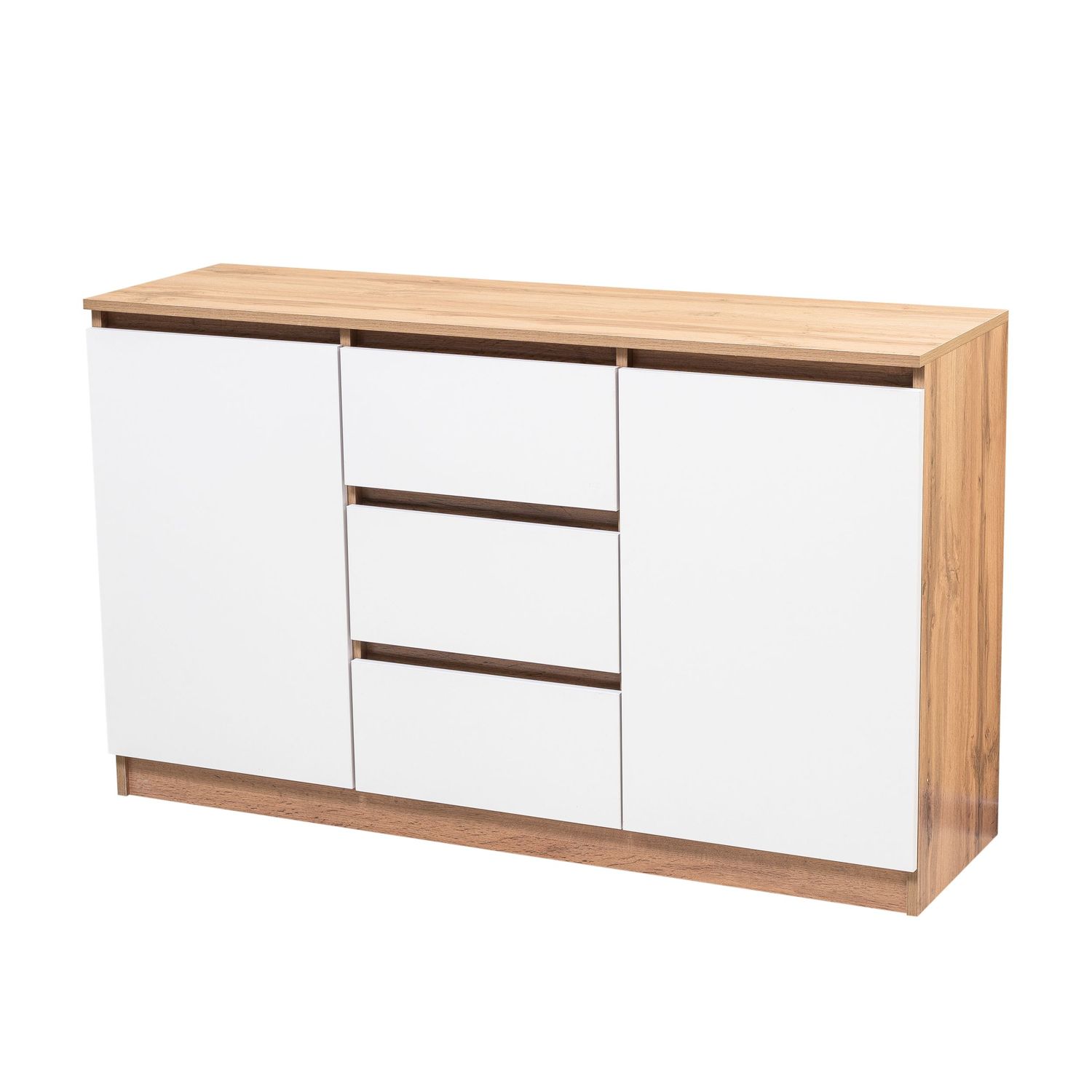 Contemporary white and wood TV stand with multiple storage drawers and compartments.