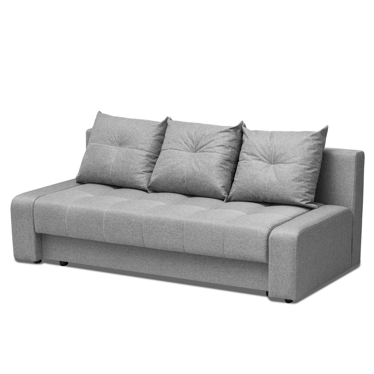 Contemporary grey modular sofa with tufted cushions displayed in different views.