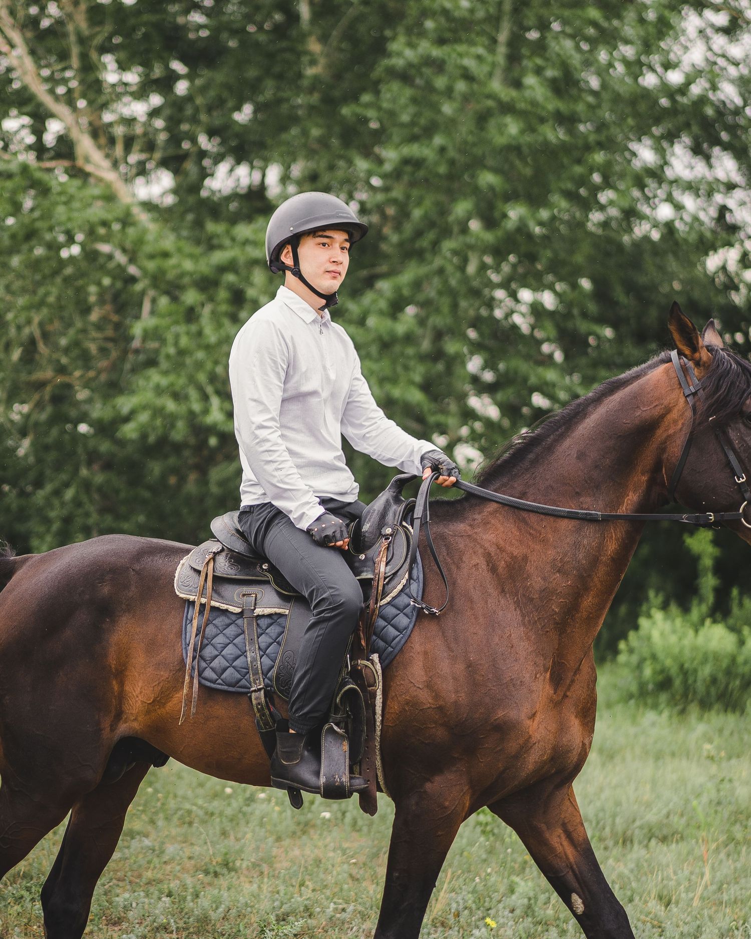 Multiple shots of horseback rider in white shirt on brown horse in grassy field.