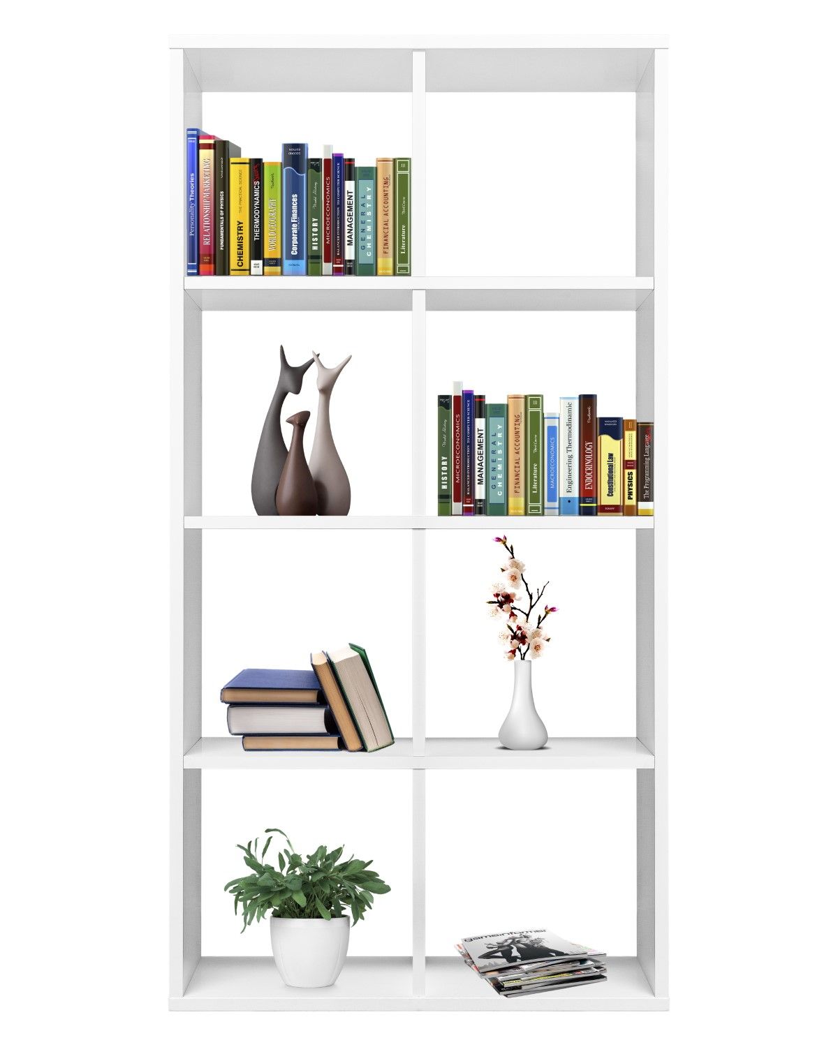 White modular shelving unit styled with colorful books, decorative vases, and plants.