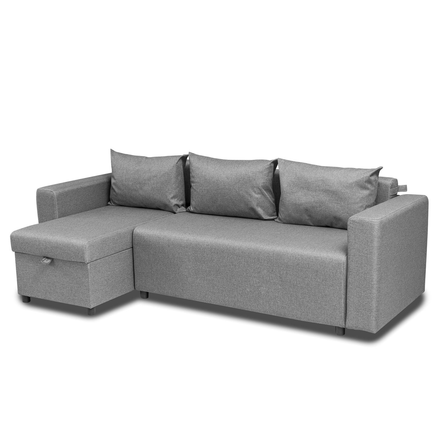 Modern grey sectional sofa with clean lines shown from multiple angles.