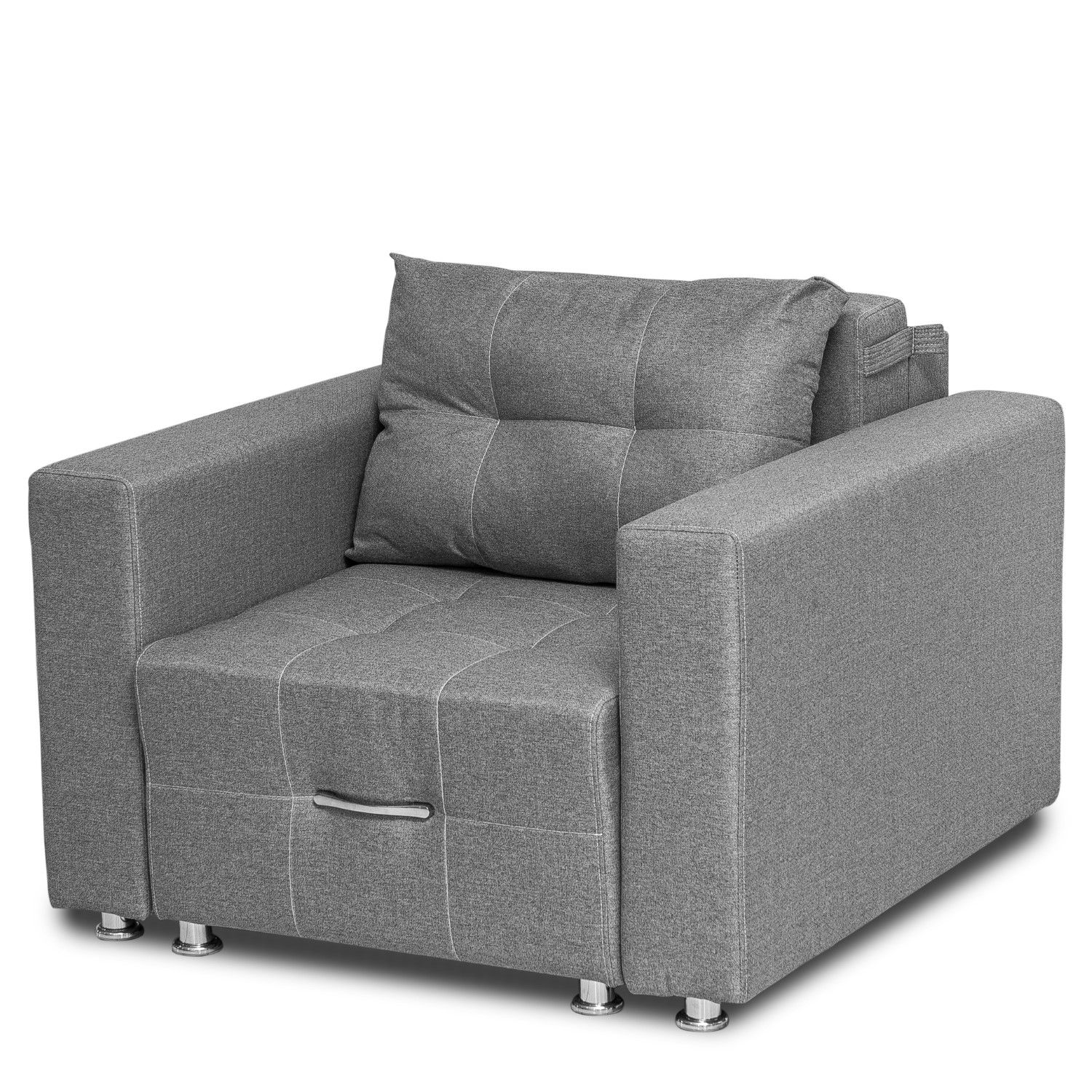 Modern grey upholstered armchair with tufted cushions and clean lines.