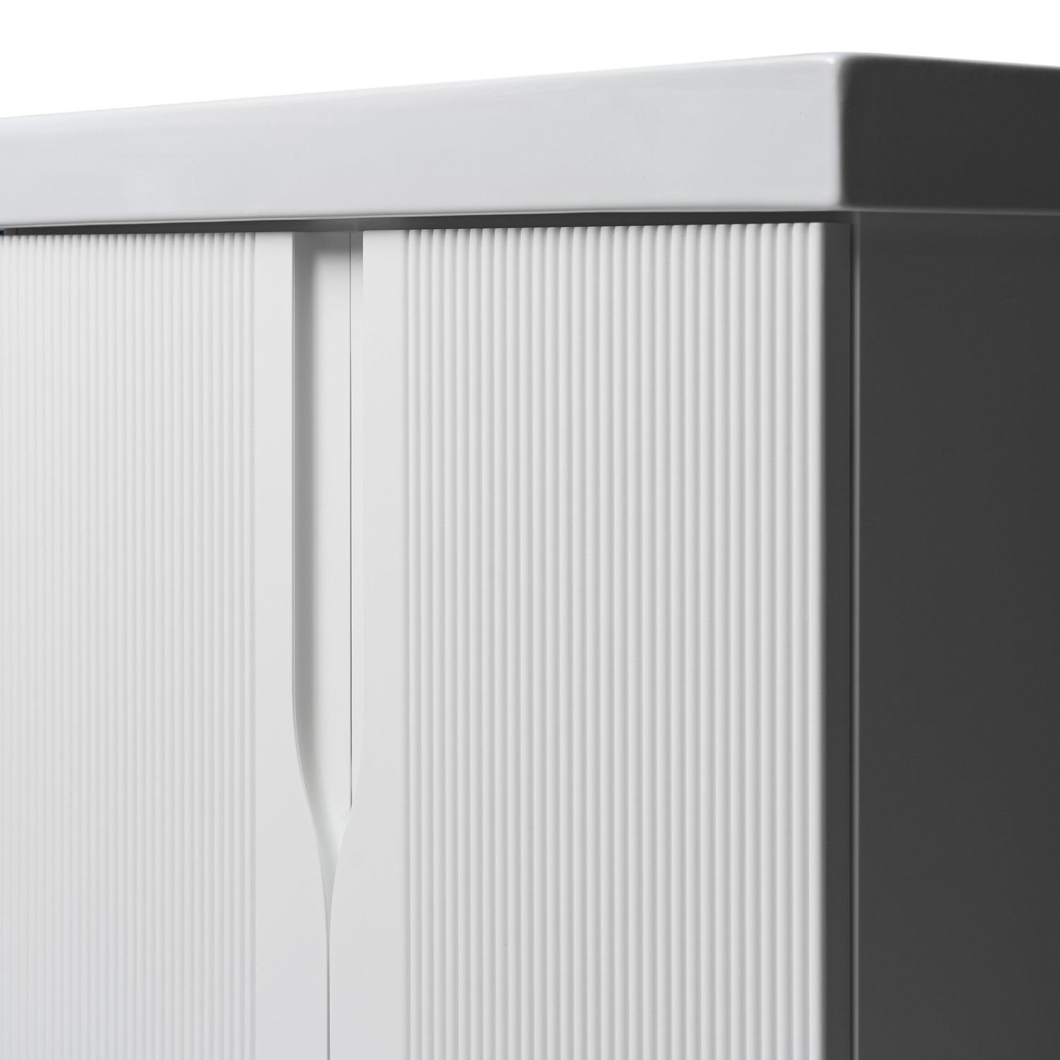 Modern black and white storage cabinet with vertical grooved panels.