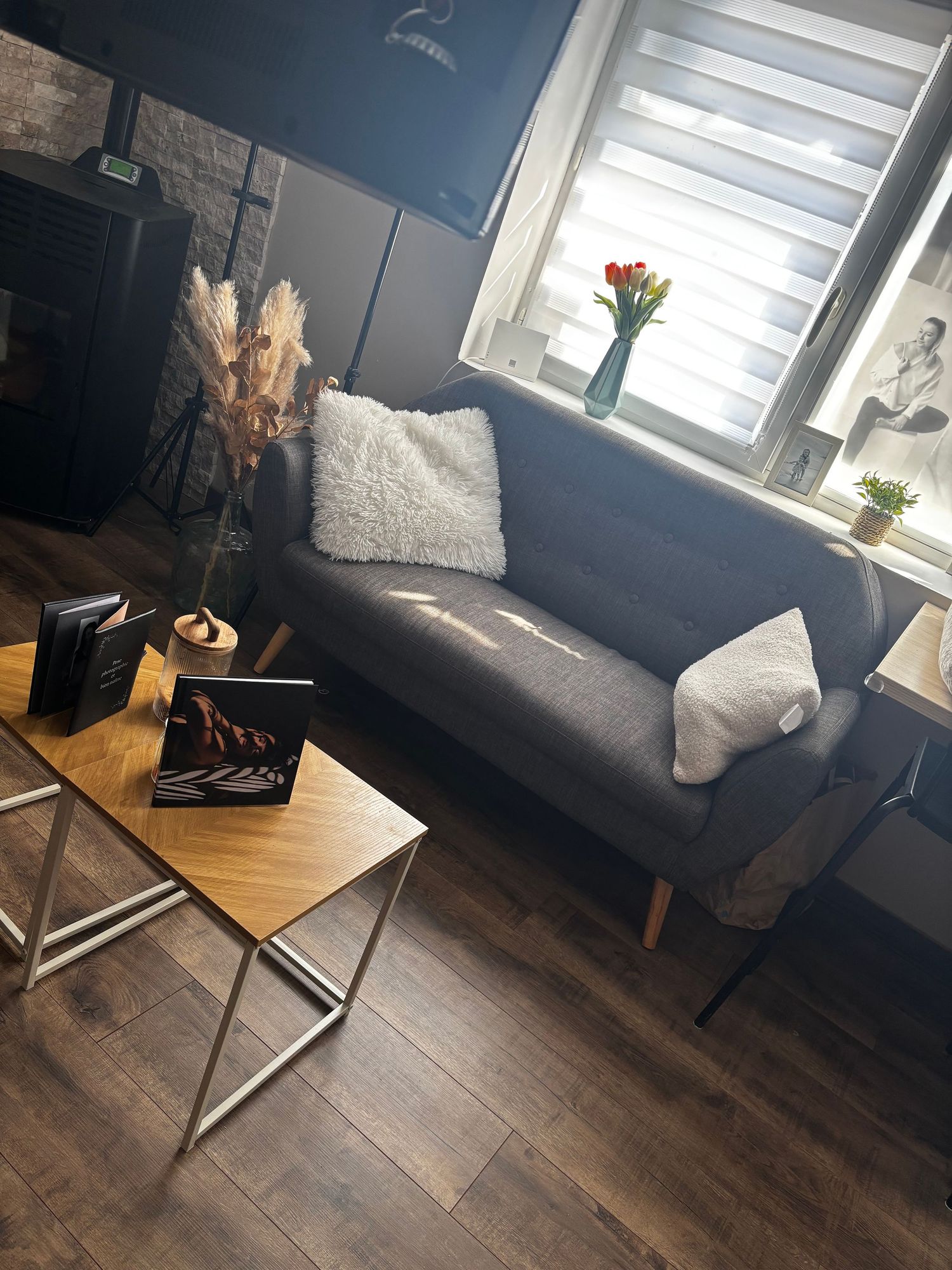 Intérieur de salon moderne avec canapé gris, parquet et lumière naturelle provenant des fenêtres.