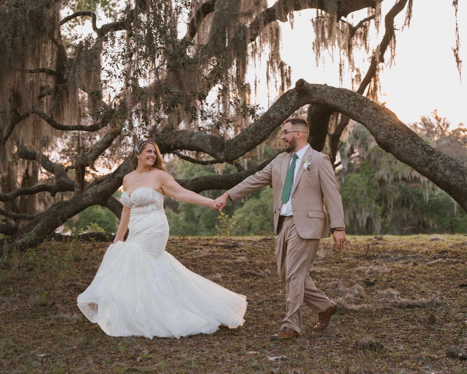 Golden hour wedding portraits of the bride and groom beneath towering live oak trees at Moss Estates wedding venue in Eustis, Florida.