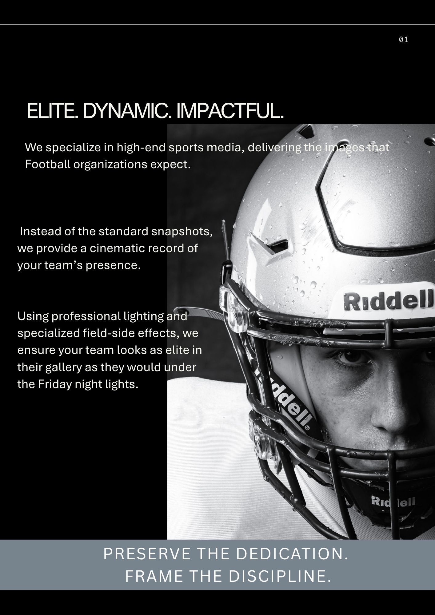 Digital website page detailing elite dynamic imagery with a cropped view of a sleek football helmet.