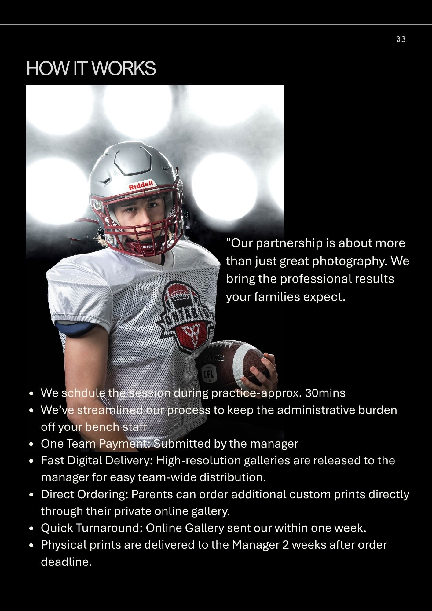 Website content page titled Lights Out Portraits showing a youth football player under stadium rim lighting.
