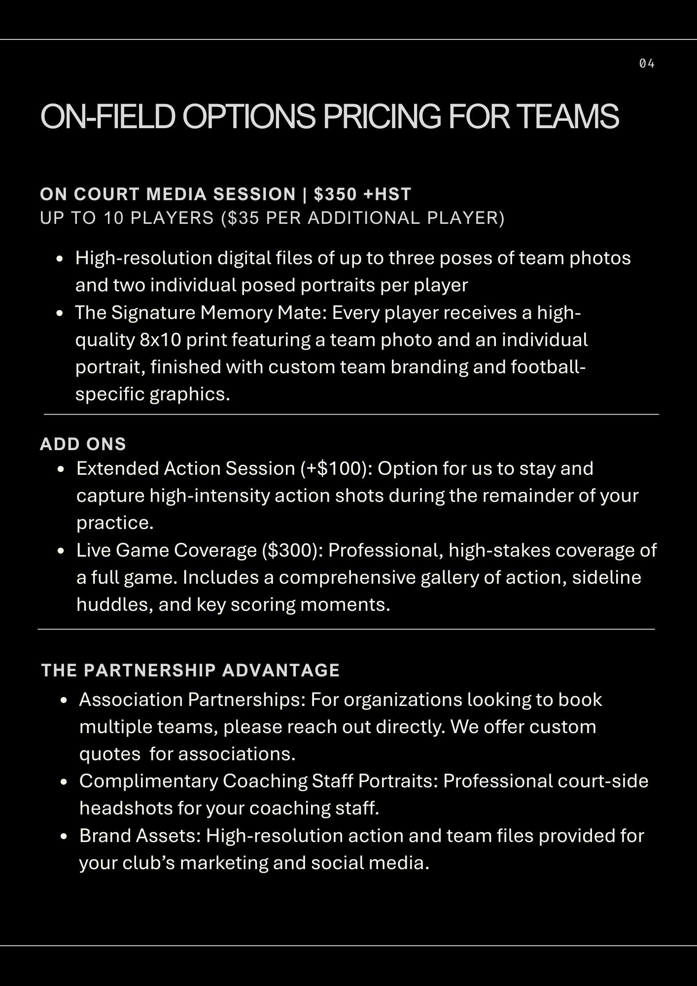 Digital pricing packages page layout for local Ottawa sports teams on a clean black background.