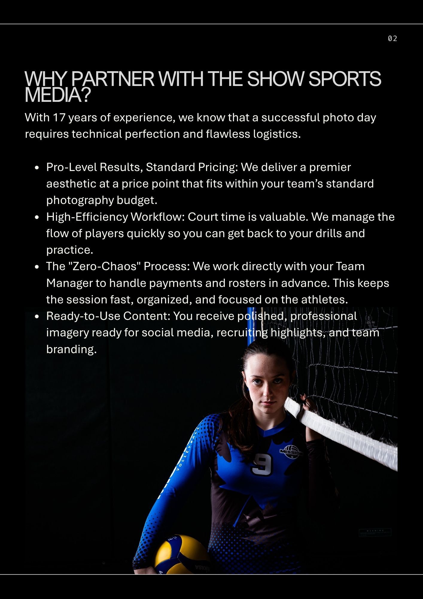 Ottawa volleyball photography package information page featuring a a volleyball athlete next to the net with dramatic lighting