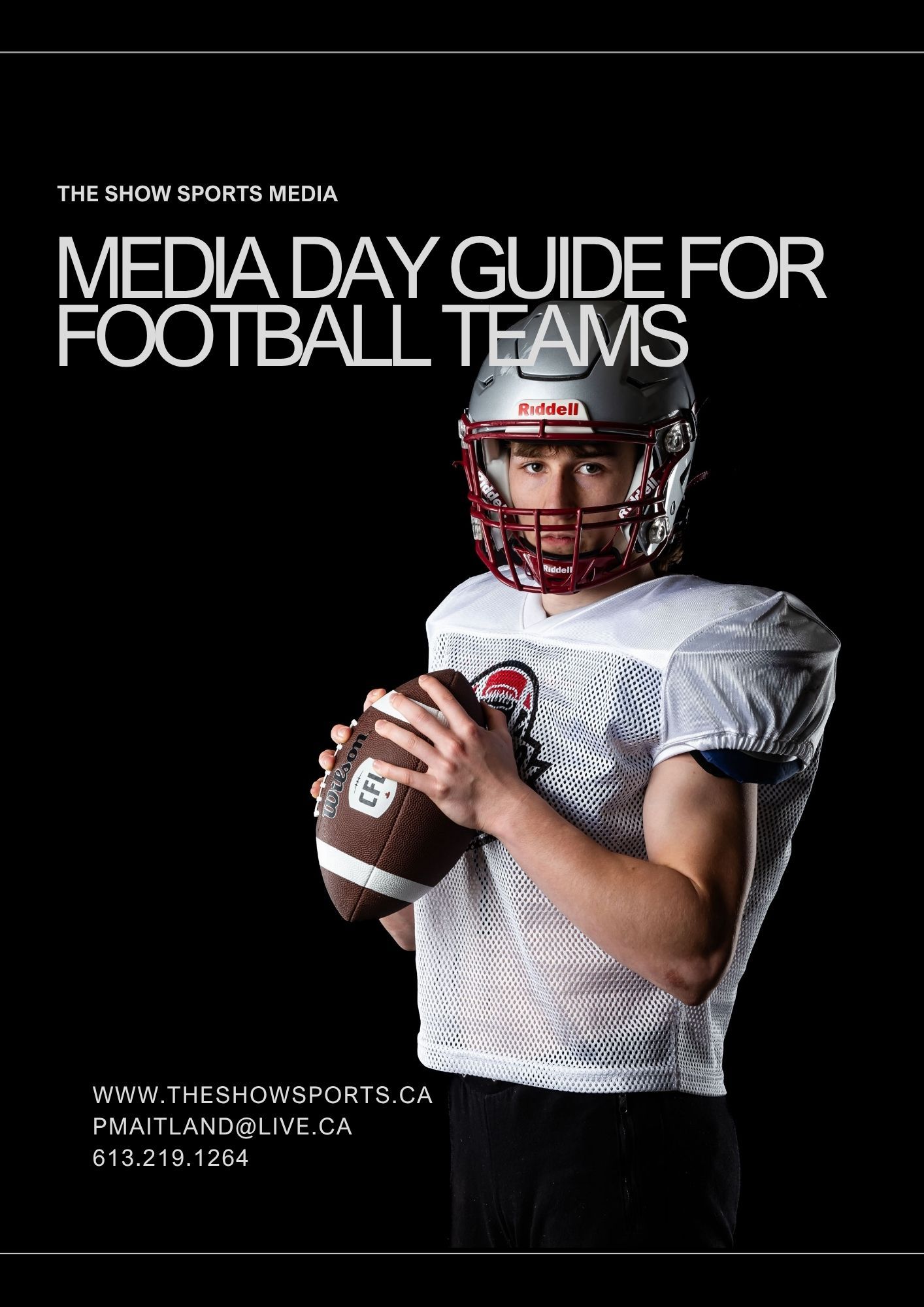 Informational page layout highlighting custom text options with a with football player portrait.