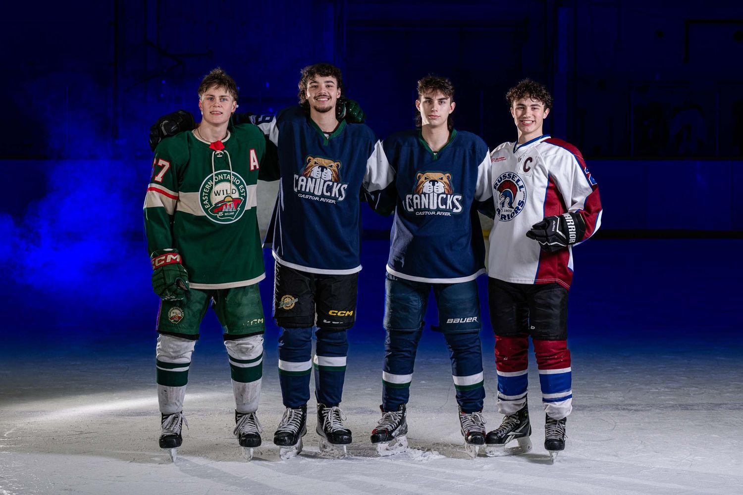 Cinematic on-ice U18 Grad Game hockey team portrait with professional studio lighting and atmospheric smoke effects in Ottawa