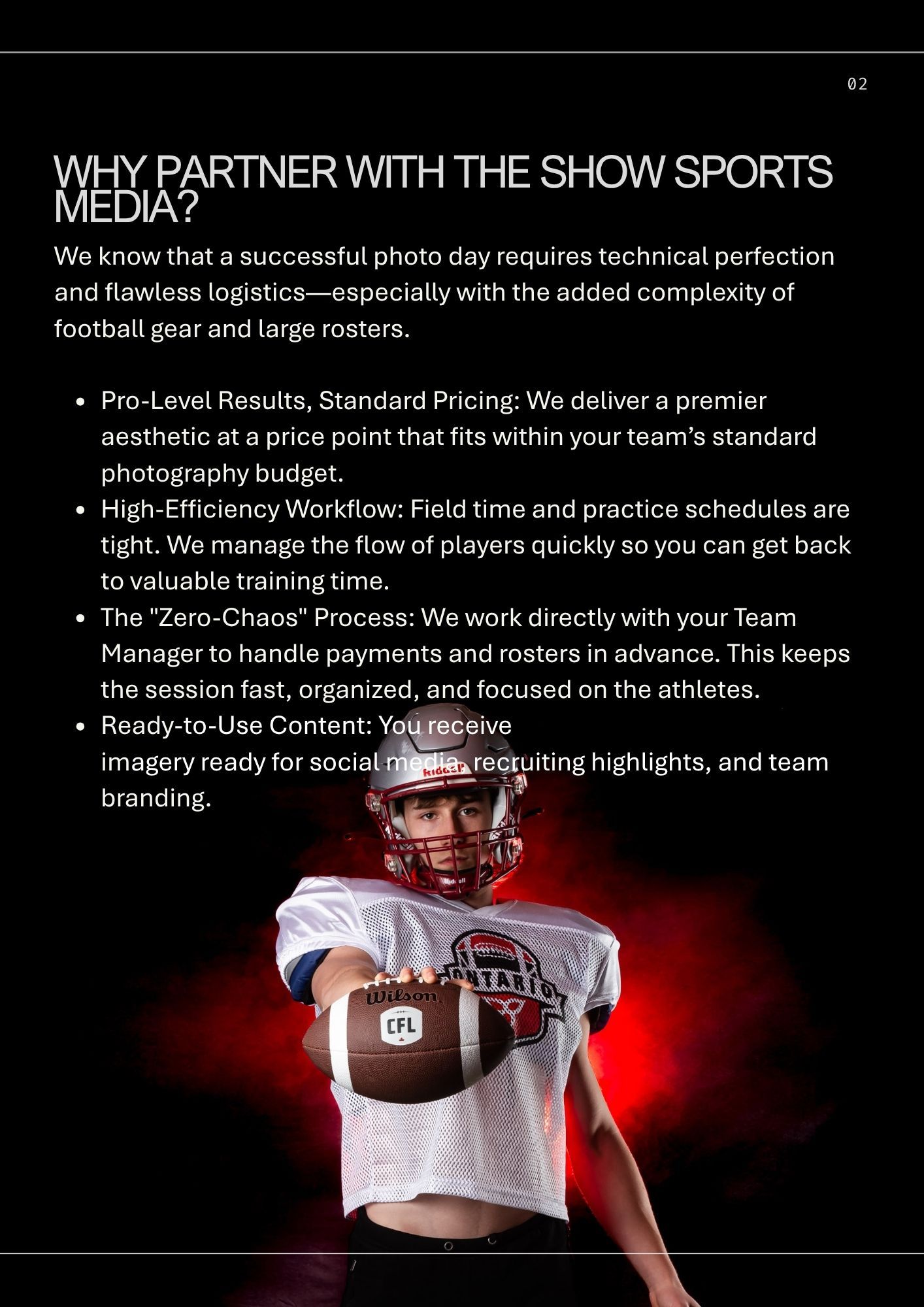 Informational page layout highlighting custom text options with a red backlit football player portrait.