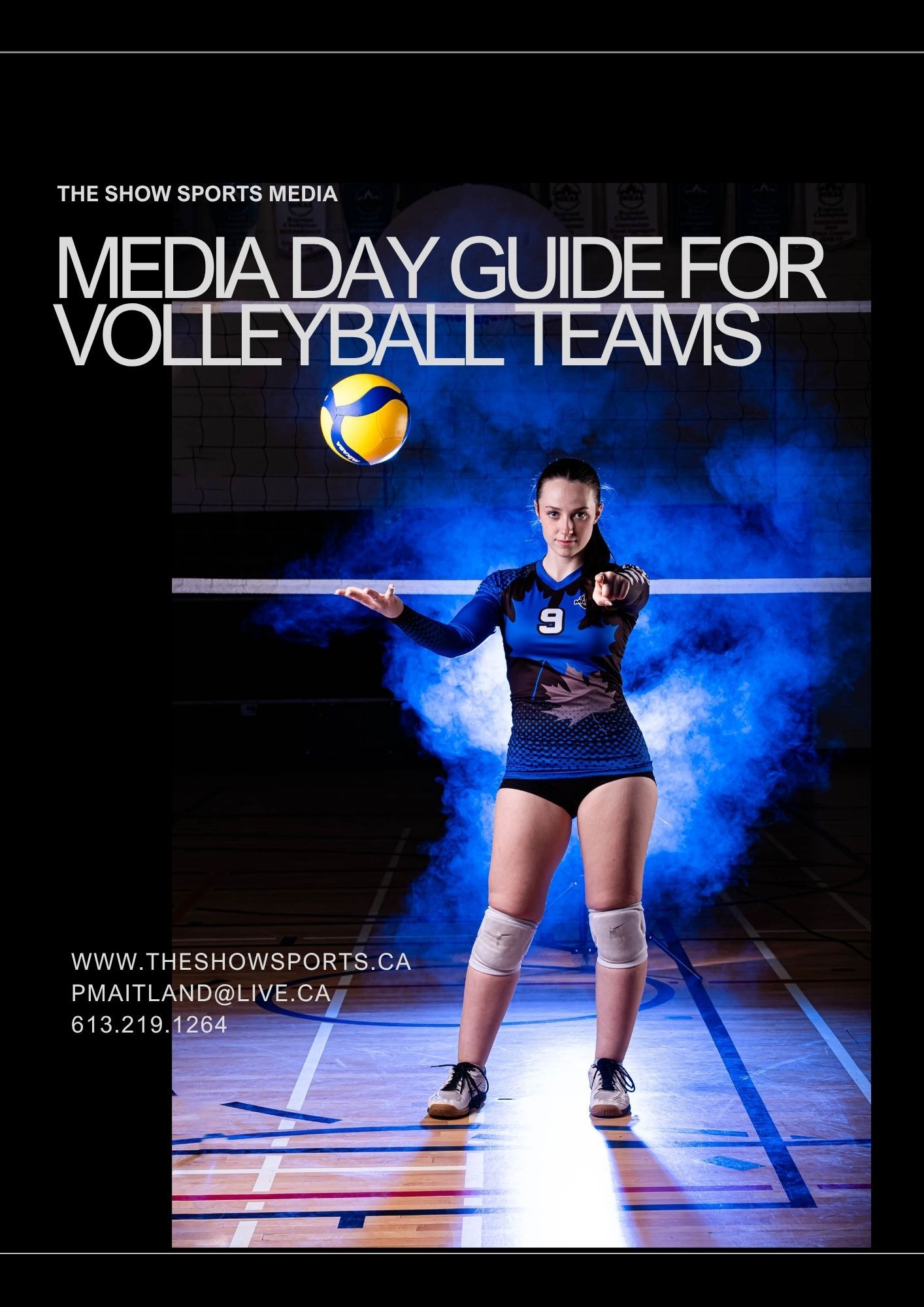 Media Day Guide cover for volleyball teams featuring a player standing under brilliant blue spotlights.