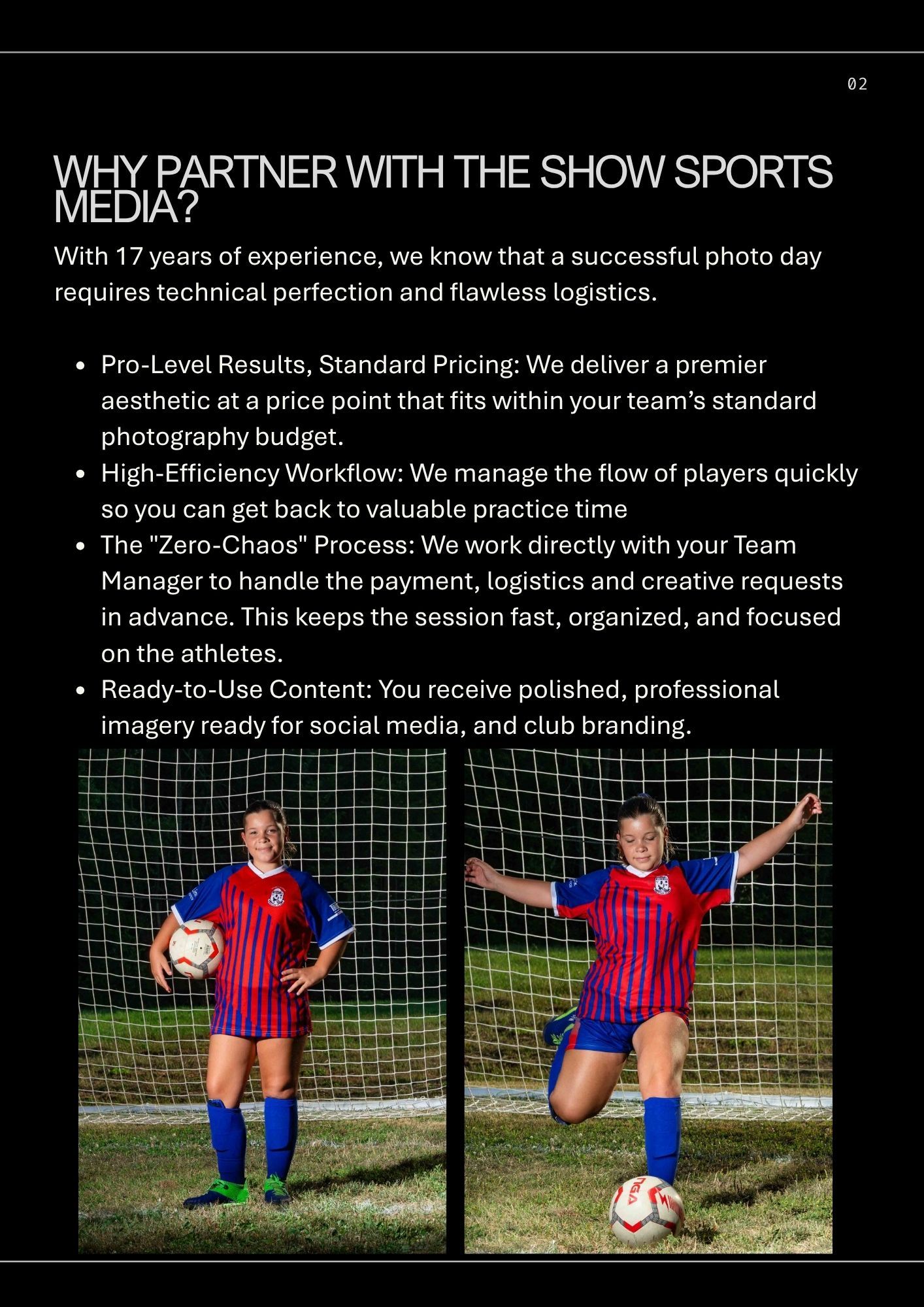 Soccer info and pricing for teams in Ottawa shows 2 images, an athlete kicking a ball in front of soccer nets, and a posed one with ball