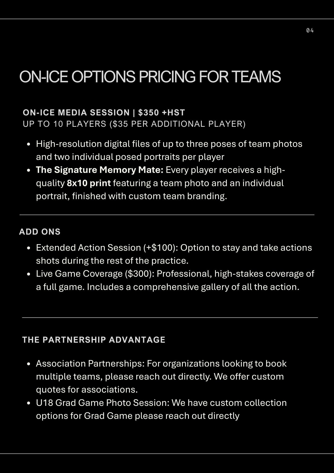Info and pricing for hockey teams in
