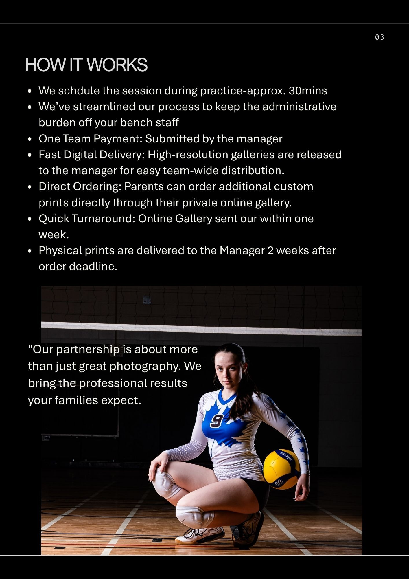 Website screenshot detailing team photo day preparation steps with a volleyball player holding a ball and looking at the camera