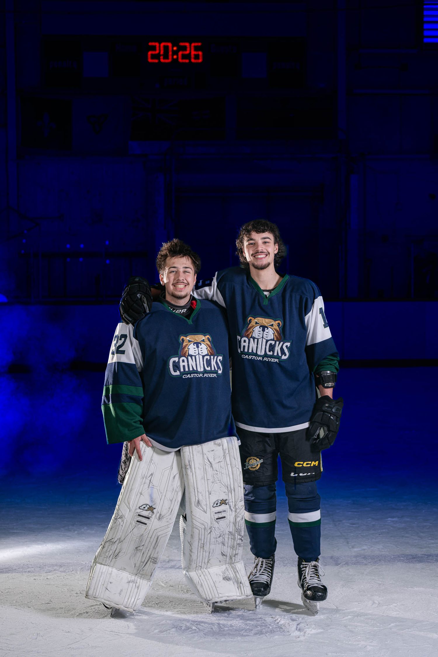 Cinematic on-ice hockey duo portrait for U18 Grad Game with  by The Show Sports Media in Russell, Ontario.