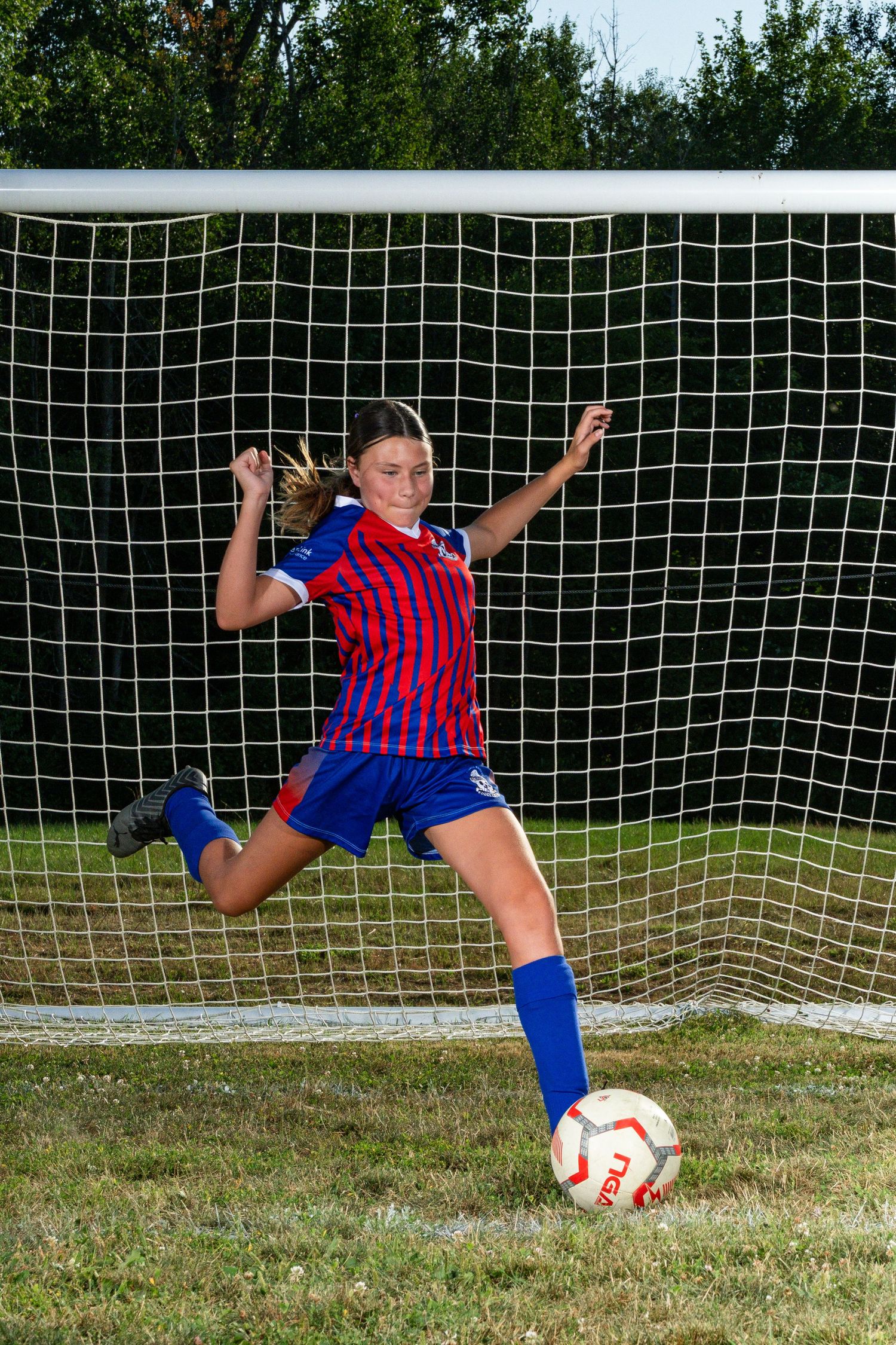 High-action soccer player portrait kicking ball in front of goal net, professional field lighting The Show Sports Media elite on-pitch photo