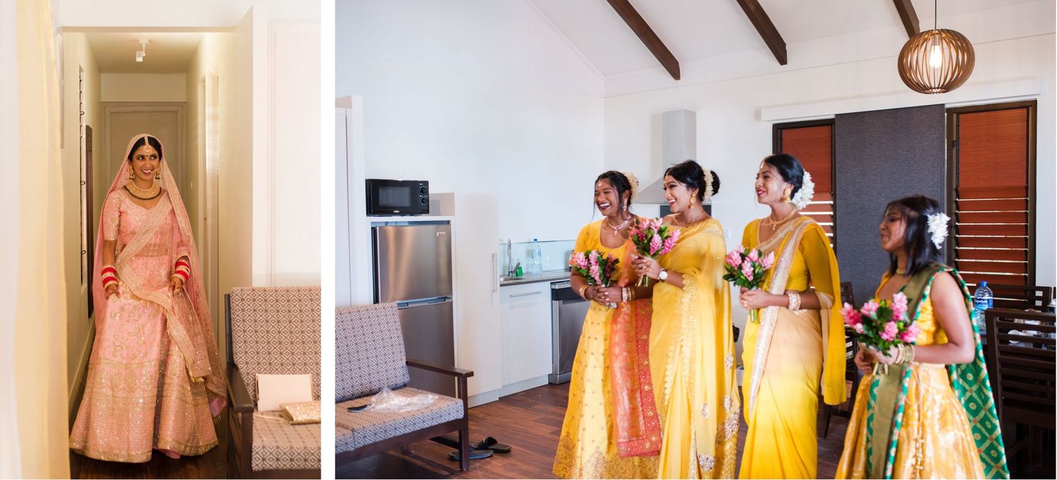Wedding party preparations showing traditional attire in pink and yellow colors.
