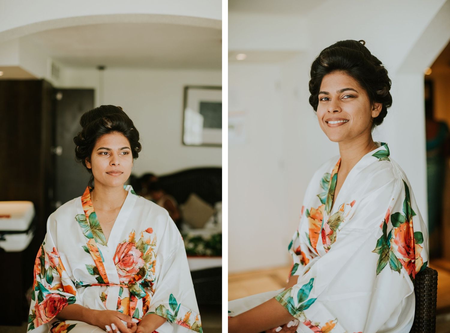 Getting ready photos of someone wearing a floral robe before the wedding.