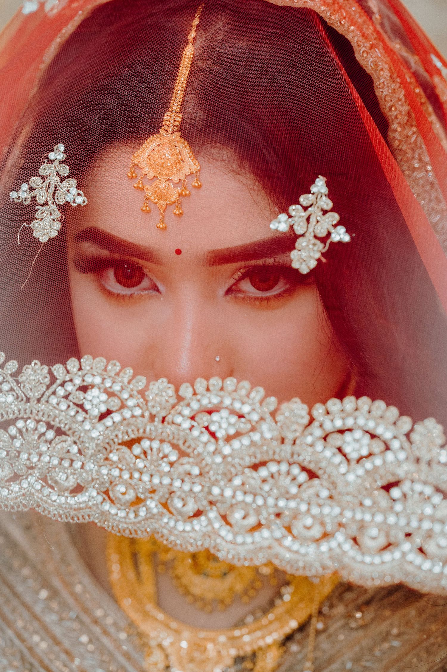 Close-up of traditional South Asian bridal makeup and jewelry with detailed embroidered veil.
