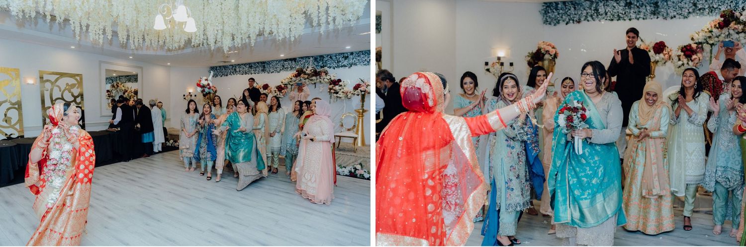 Wedding reception celebration showing dancing and festivities in decorated venue.