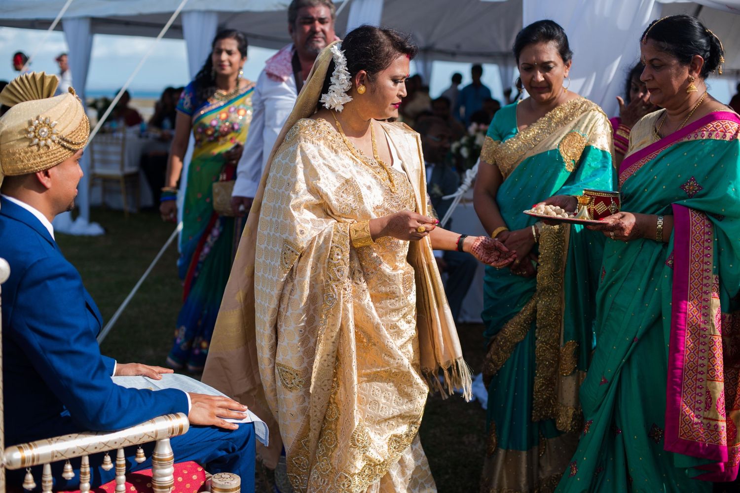 Traditional Indian wedding ceremony with guests in colorful saris and formal attire.