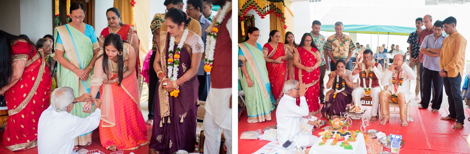 Sacred wedding ceremony rituals being conducted with family members gathered around.