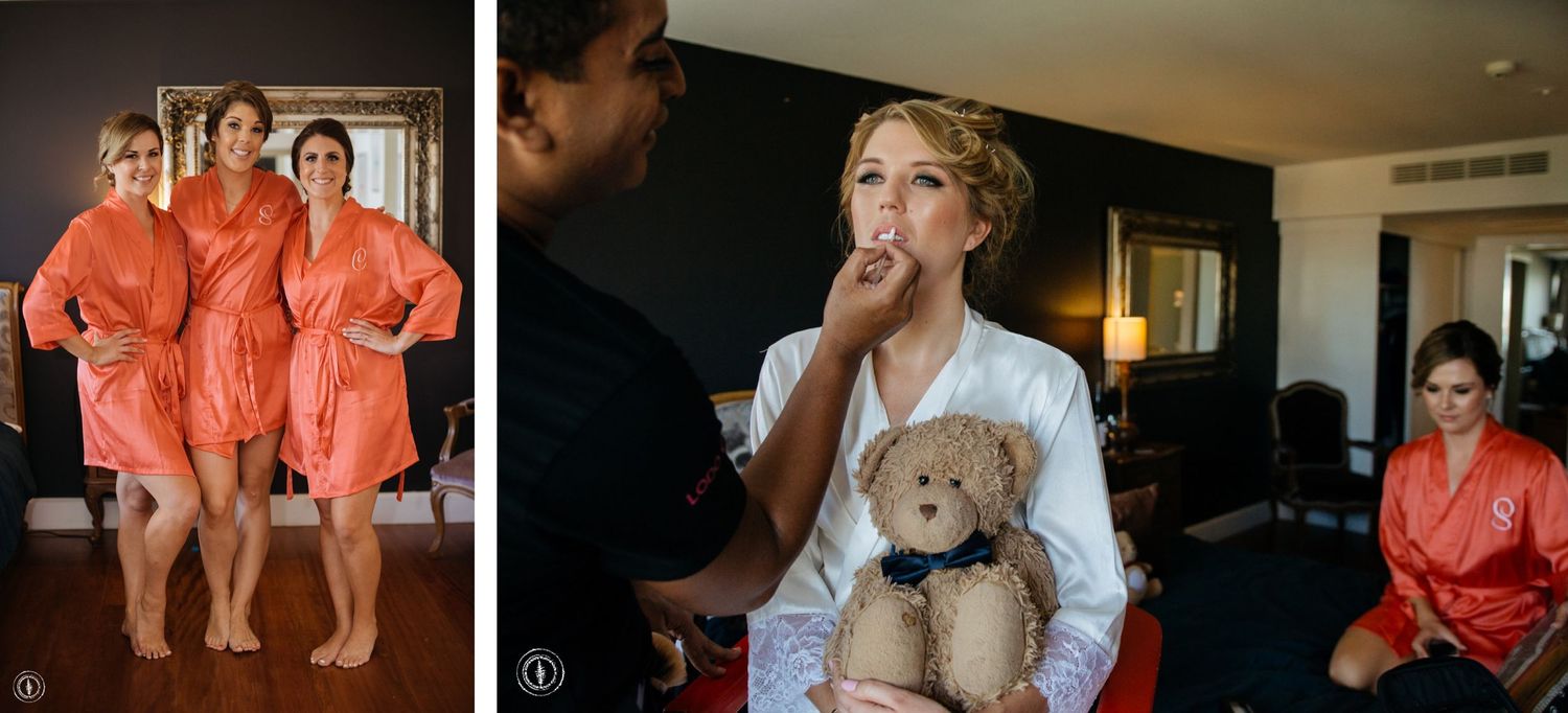 Wedding preparation collage showing bridesmaids in coral robes and makeup application.