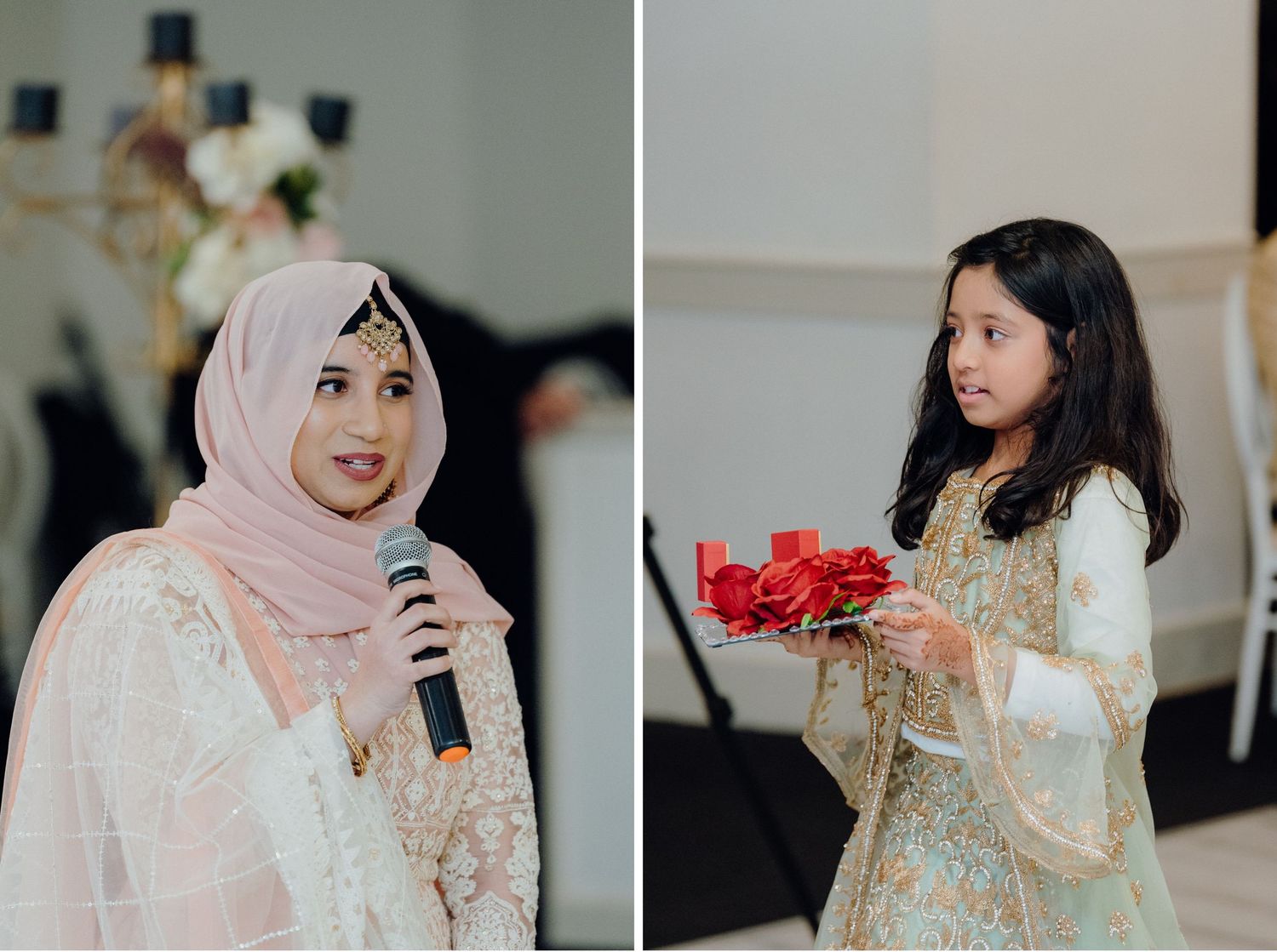 Two women in traditional wedding attire at an elegant indoor celebration with floral decorations.