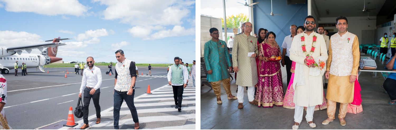 Two side-by-side images showing airport scenes with people in traditional Indian attire.