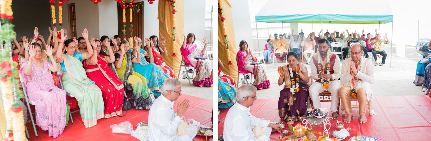 Wedding guests seated in pink and turquoise outfits during traditional ceremony.