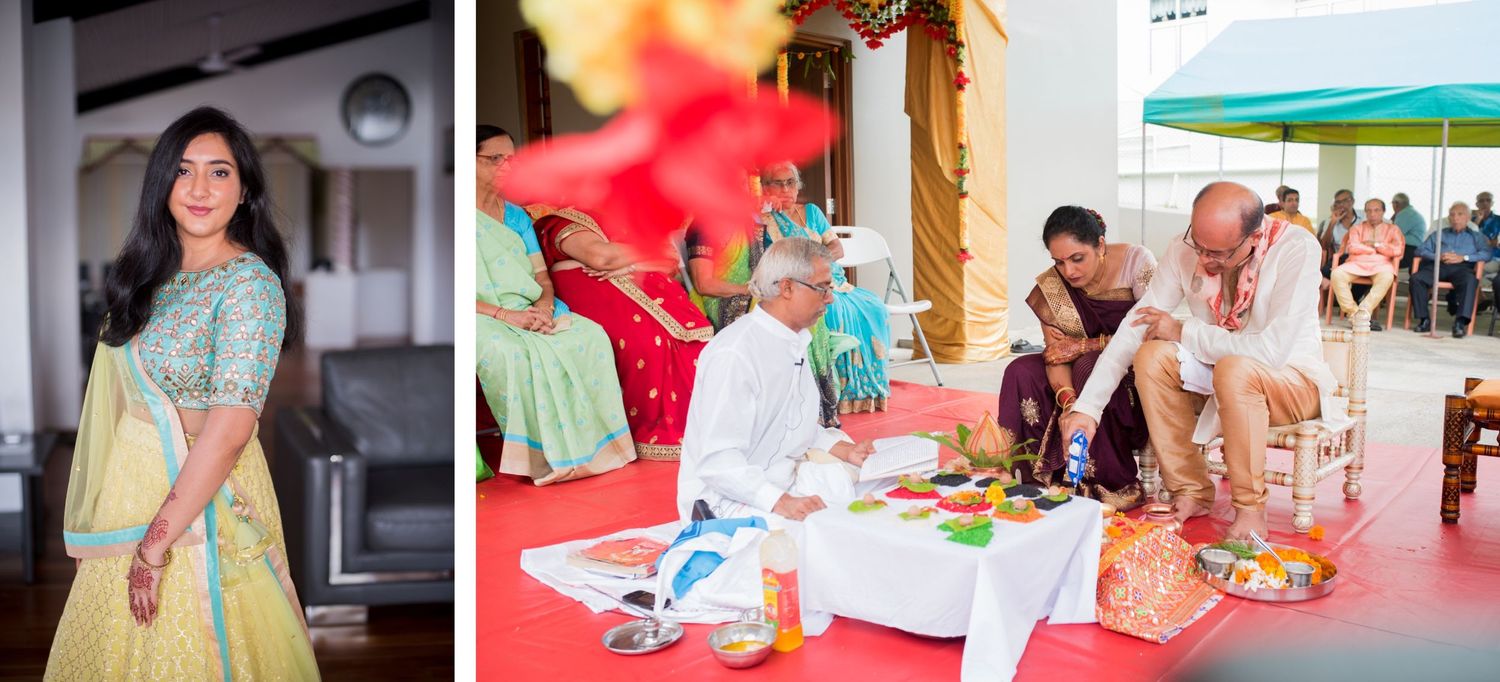 Wedding celebration scene with traditional Indian decorations and guests enjoying festivities.